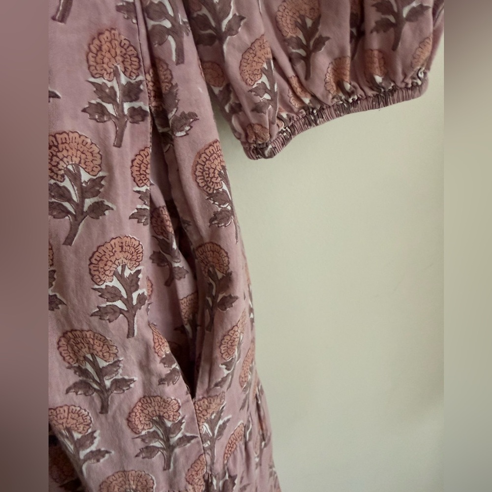 Victoria Dunn Hand Block Printed Tiered Maxi Cotton Dress, Lined, Small, Pink - Picture 4 of 9